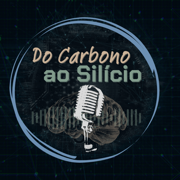 logotipo com imagem de microfone cérebro e fundo futurista com o nome do podcast