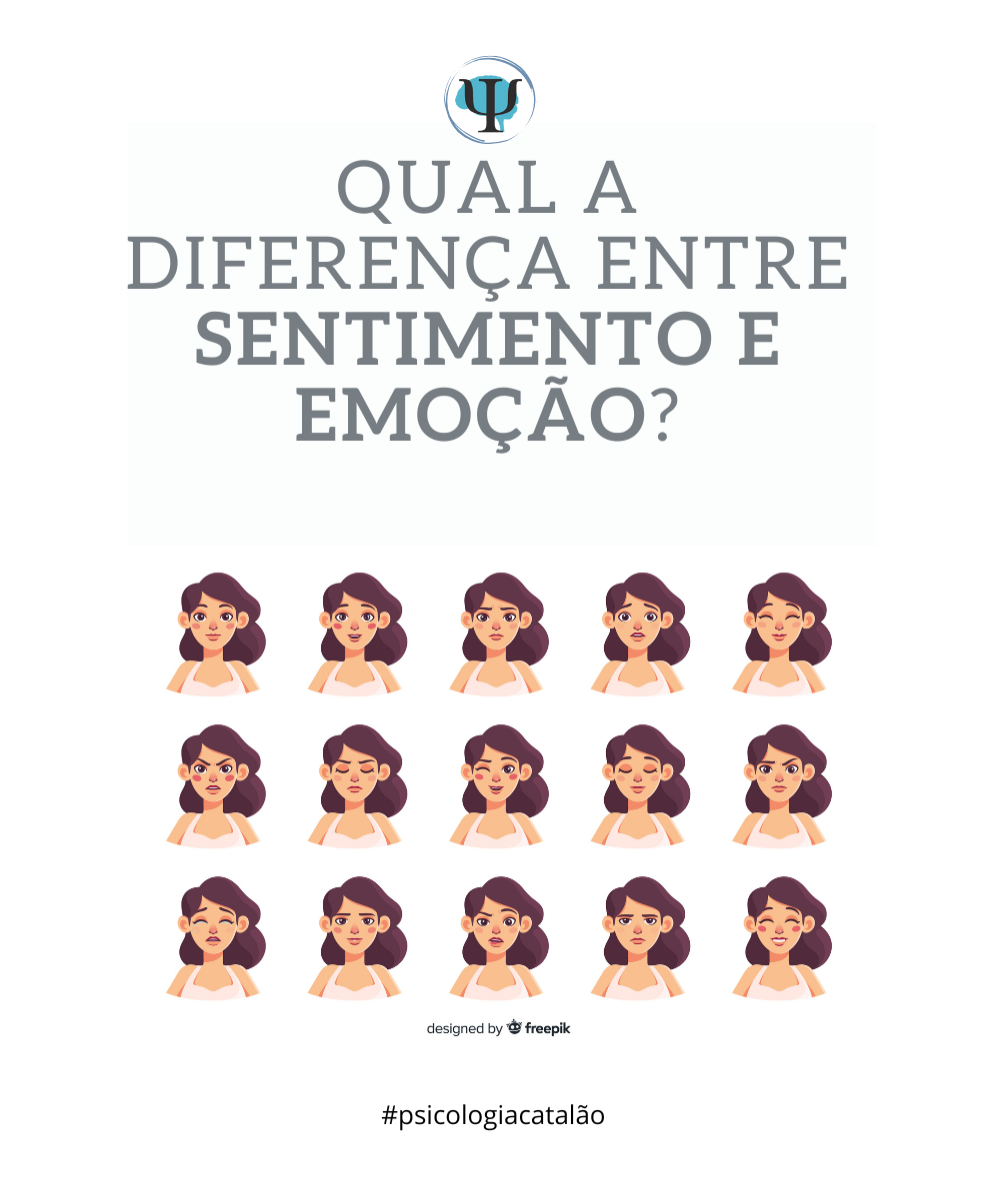 Imagem com o título 'Qual a diferença entre sentimento e emoção?' e ilustrações da mesma mulher expressando diferentes emoções.