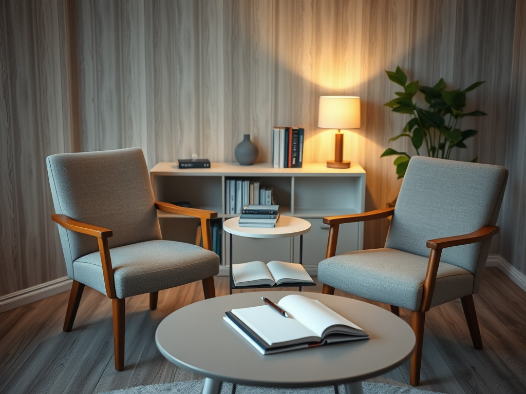 Ambiente com poltronas cinza em círculo e livros sobre a mesa, representando supervisão clínica e troca profissional.