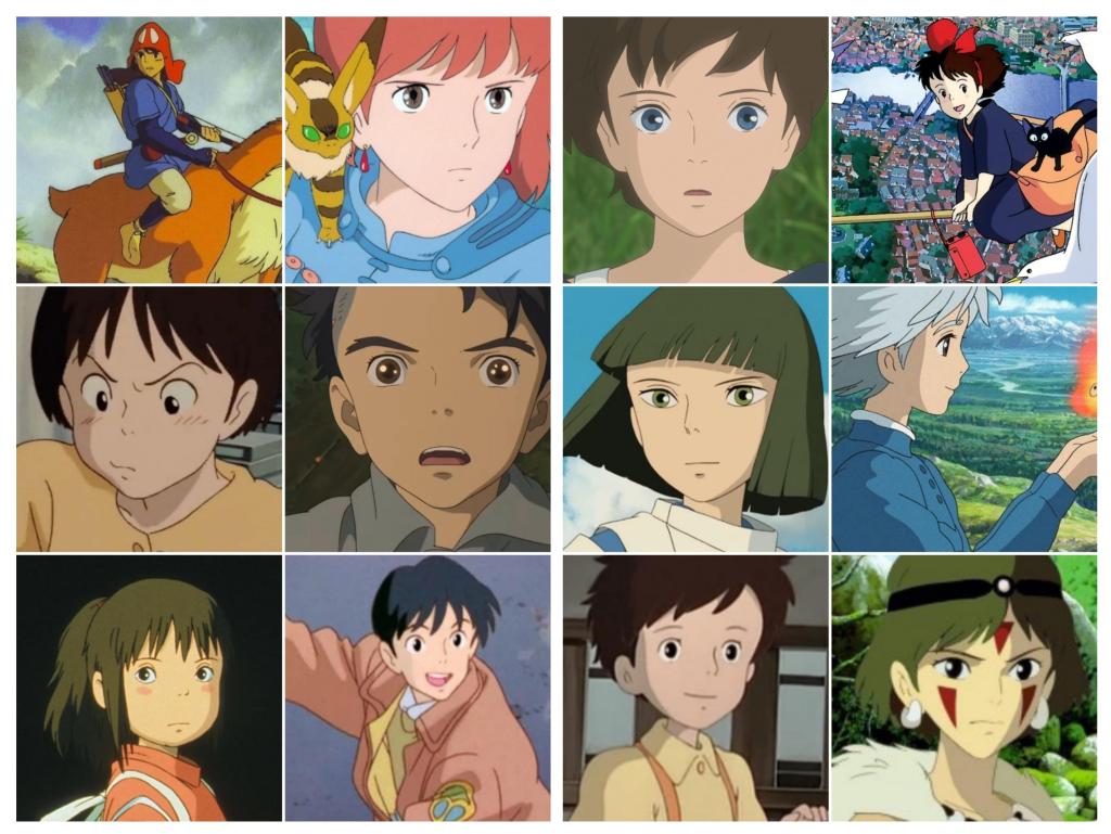 imagem com 12 rostos desenhados de filmes do Studio Ghibli, com diferentes expressões faciais, focando nos olhos.
