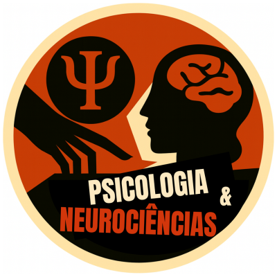 logotipo do site com o texto psicologia e neurociências, com uma mão, o símbolo da psicologia e uma silhueta feminina com um cérebro