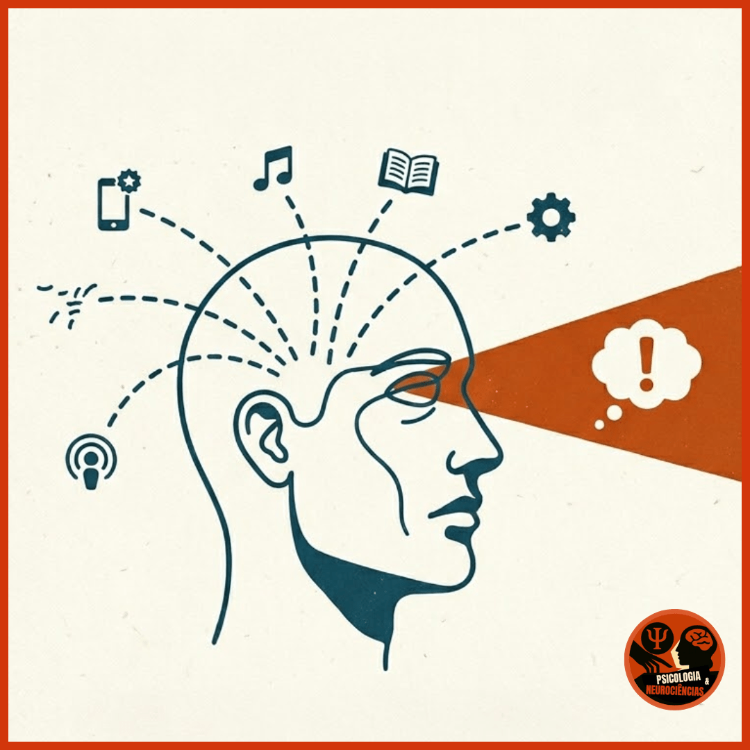 Ilustração minimalista em estilo de gravura analógica sobre fundo bege texturizado. Apresenta o perfil de uma cabeça humana de onde saem diversas linhas pontilhadas conectadas a ícones de multitarefa: um celular, uma nota musical, um livro aberto e uma engrenagem. Da região dos olhos, projeta-se um feixe de luz laranja em formato de cone, simbolizando o foco da atenção, contendo um balão de pensamento com um ponto de exclamação.