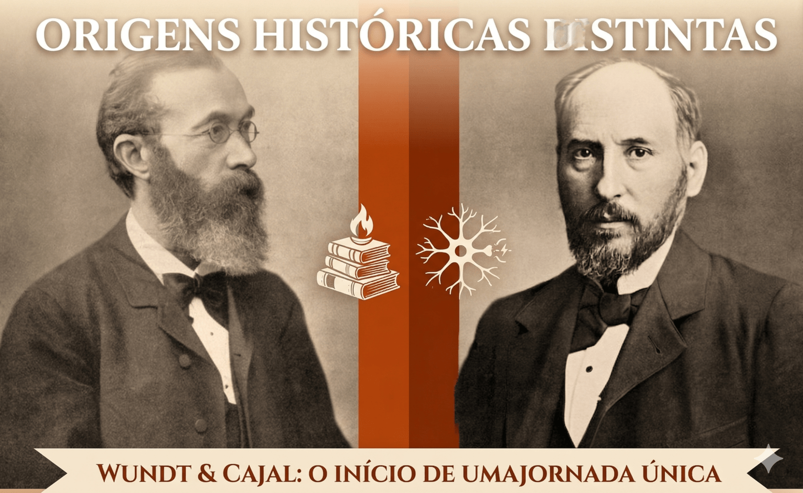 Montagem histórica com retratos de Wilhelm Wundt e Santiago Ramón y Cajal representando as origens da Psicologia e das Neurociências