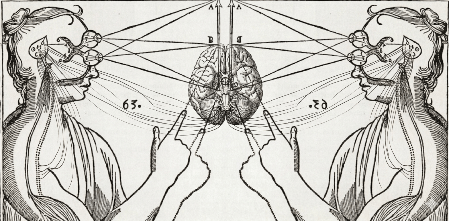 Gravura em estilo clássico de Descartes com duas figuras humanas apontando para um cérebro centralizado, ilustrando o problema mente-corpo.