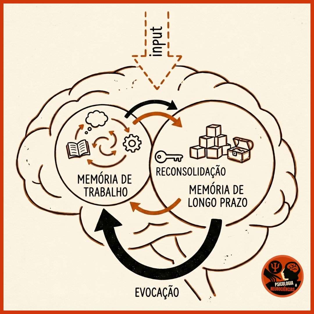 Imagem sobre memória, desenhada em estilo de gravura e focando nos processos biológicos. Ela ilustra como a memória de trabalho manipula a informação antes de transferi-la para a memória de longo prazo, onde ocorre a reconsolidação.