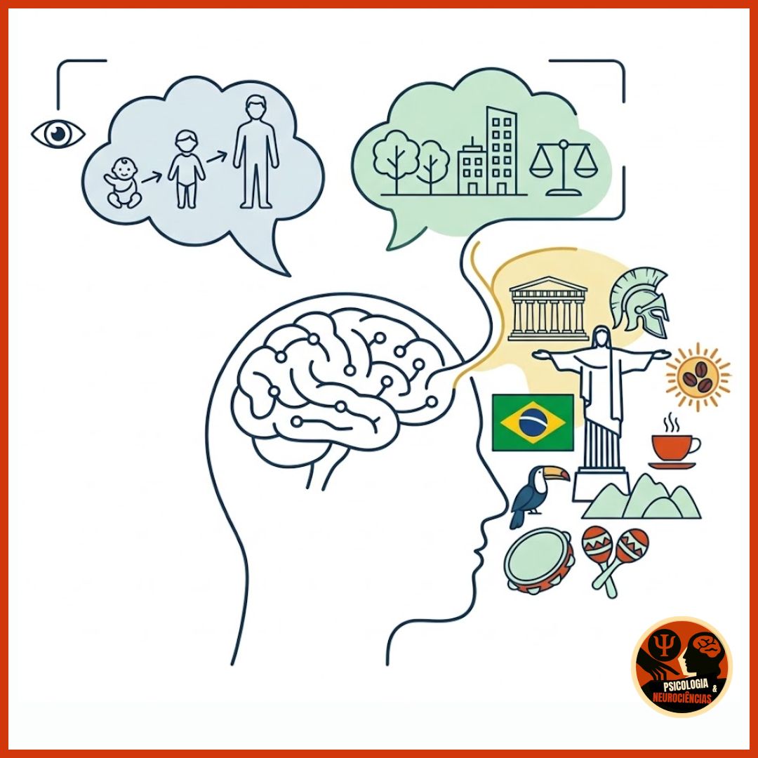 imagem da silhueta de uma cabeça, com 3 balões representando o pensamento e as influências que temos: desenvolvimento, criação e cultura.